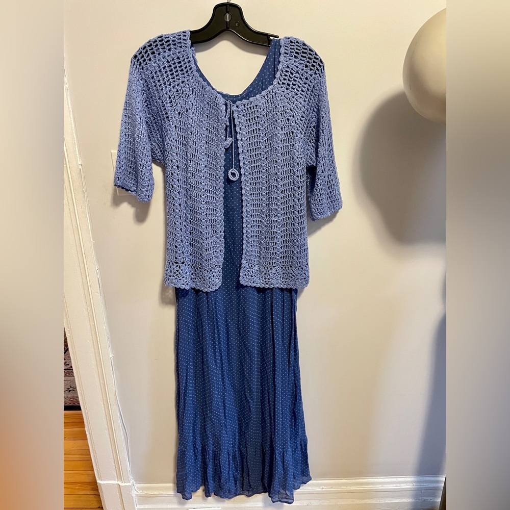 April Cornell Blue Knit Cardigan Over Navy Dot Dress